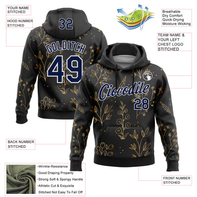 Custom Stitched Black Navy-White 3D Pattern Design Golden Subtle Floral Sports Pullover Sweatshirt Hoodie