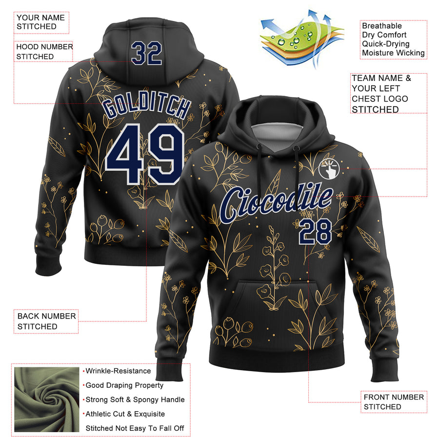 Custom Stitched Black Navy-White 3D Pattern Design Golden Subtle Floral Sports Pullover Sweatshirt Hoodie