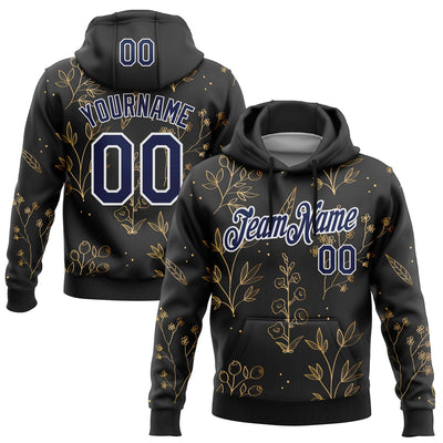 Custom Stitched Black Navy-White 3D Pattern Design Golden Subtle Floral Sports Pullover Sweatshirt Hoodie