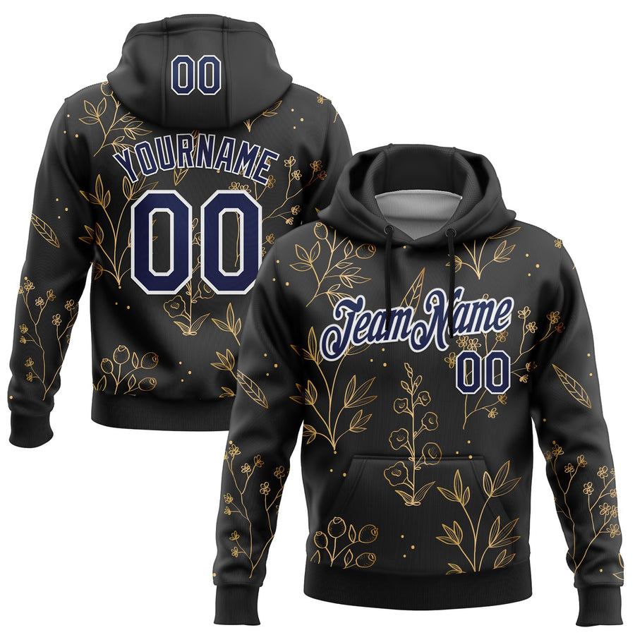 Custom Stitched Black Navy-White 3D Pattern Design Golden Subtle Floral Sports Pullover Sweatshirt Hoodie