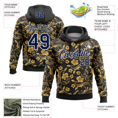 Custom Stitched Black Navy-White 3D Pattern Design Golden Subtle Floral Sports Pullover Sweatshirt Hoodie