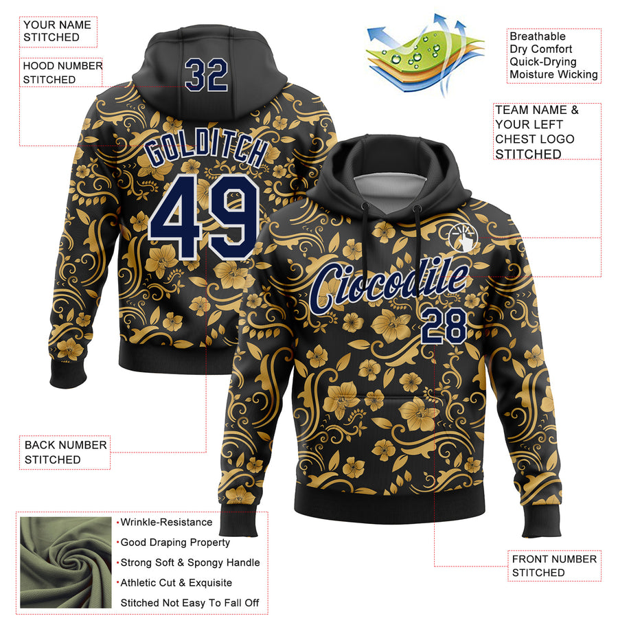 Custom Stitched Black Navy-White 3D Pattern Design Golden Subtle Floral Sports Pullover Sweatshirt Hoodie
