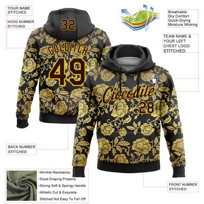 Custom Stitched Black Brown-Yellow 3D Pattern Design Golden Subtle Floral Sports Pullover Sweatshirt Hoodie