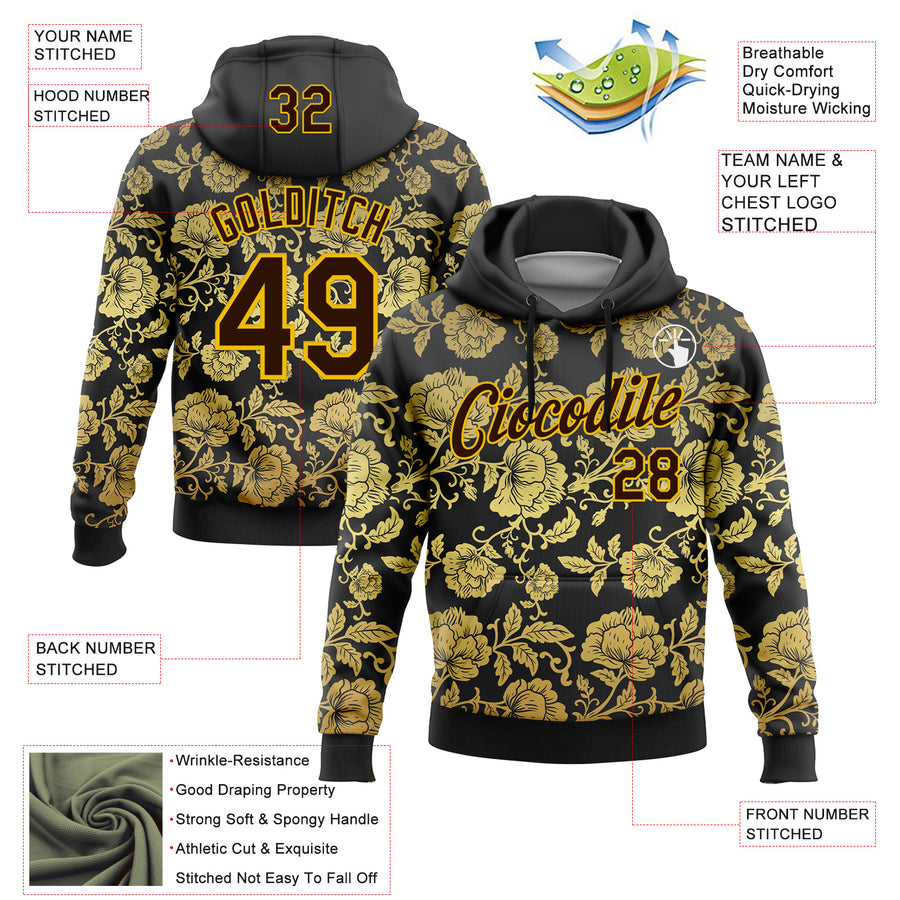 Custom Stitched Black Brown-Yellow 3D Pattern Design Golden Subtle Floral Sports Pullover Sweatshirt Hoodie