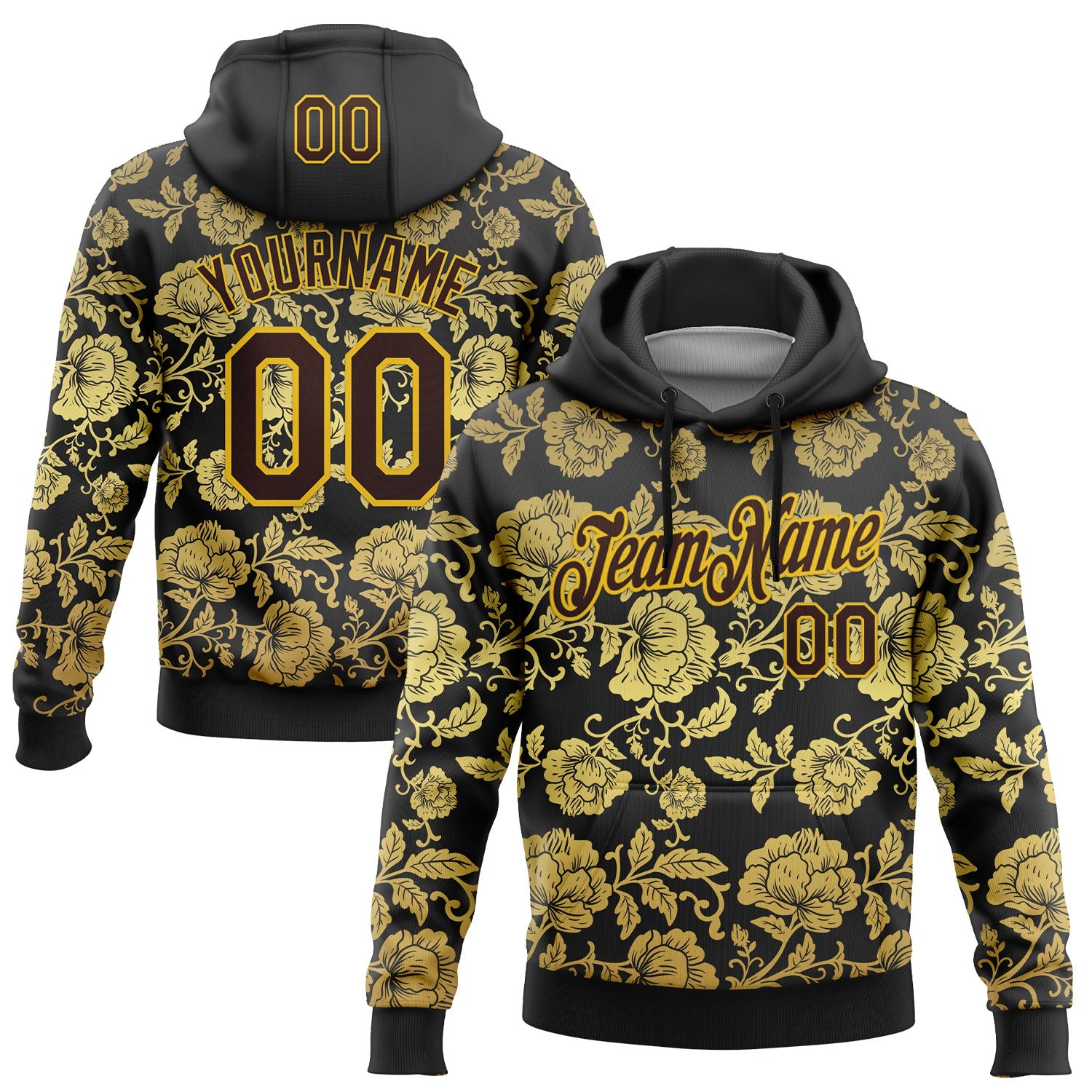 Custom Stitched Black Brown-Yellow 3D Pattern Design Golden Subtle Floral Sports Pullover Sweatshirt Hoodie