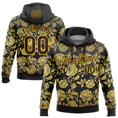 Custom Stitched Black Brown-Yellow 3D Pattern Design Golden Subtle Floral Sports Pullover Sweatshirt Hoodie