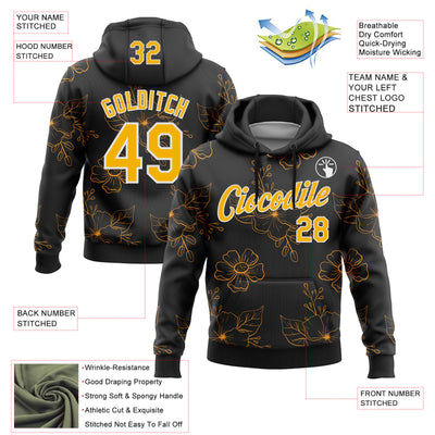 Custom Stitched Black Gold-White 3D Pattern Design Golden Subtle Floral Sports Pullover Sweatshirt Hoodie