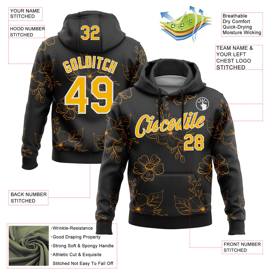 Custom Stitched Black Gold-White 3D Pattern Design Golden Subtle Floral Sports Pullover Sweatshirt Hoodie
