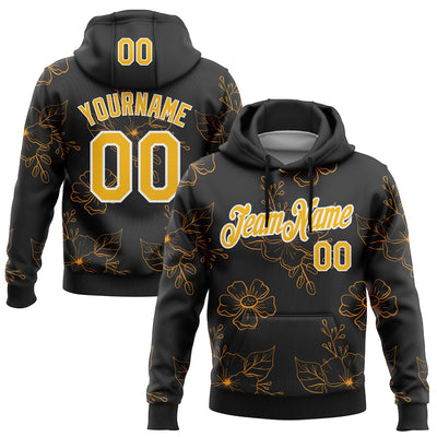 Custom Stitched Black Gold-White 3D Pattern Design Golden Subtle Floral Sports Pullover Sweatshirt Hoodie