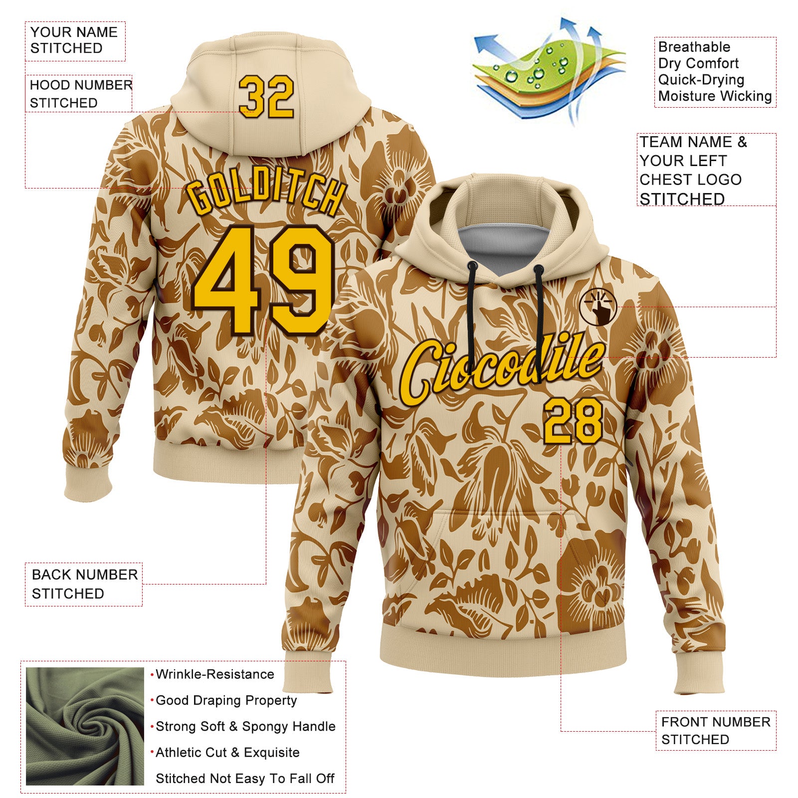 Custom Stitched City Cream Yellow-Brown 3D Pattern Design Golden Subtle Floral Sports Pullover Sweatshirt Hoodie