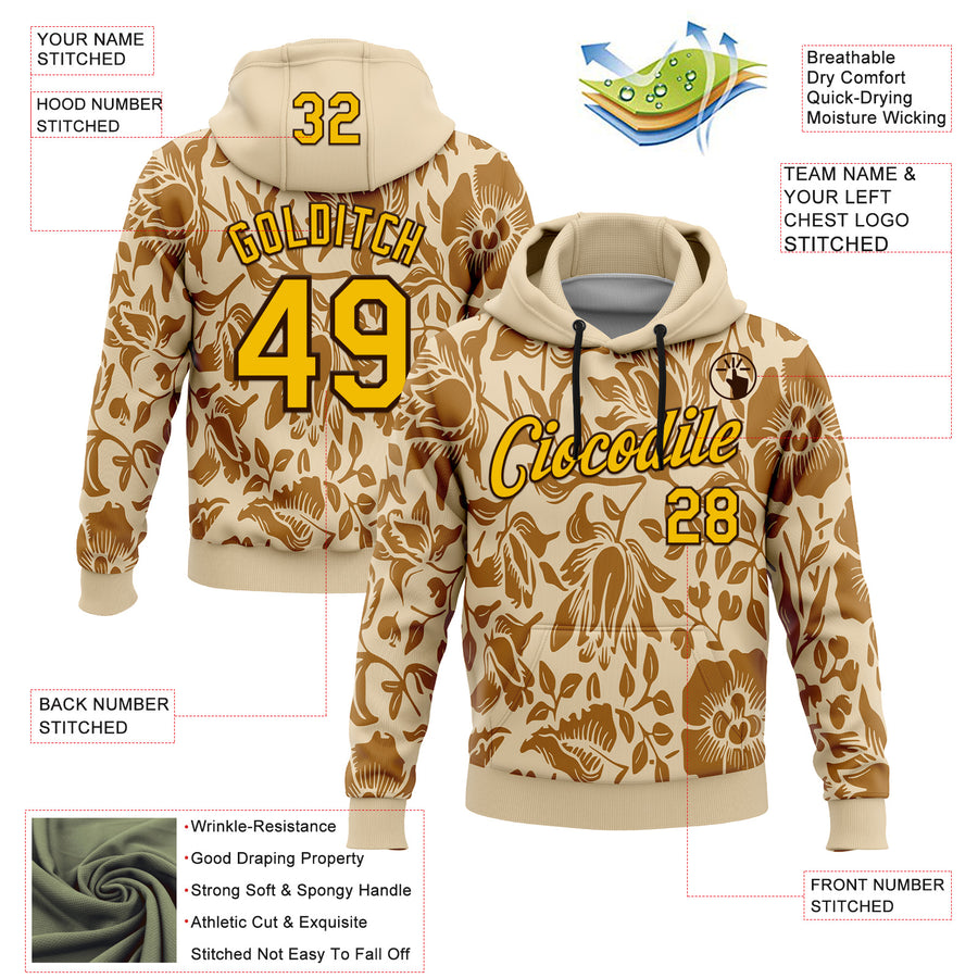 Custom Stitched City Cream Yellow-Brown 3D Pattern Design Golden Subtle Floral Sports Pullover Sweatshirt Hoodie