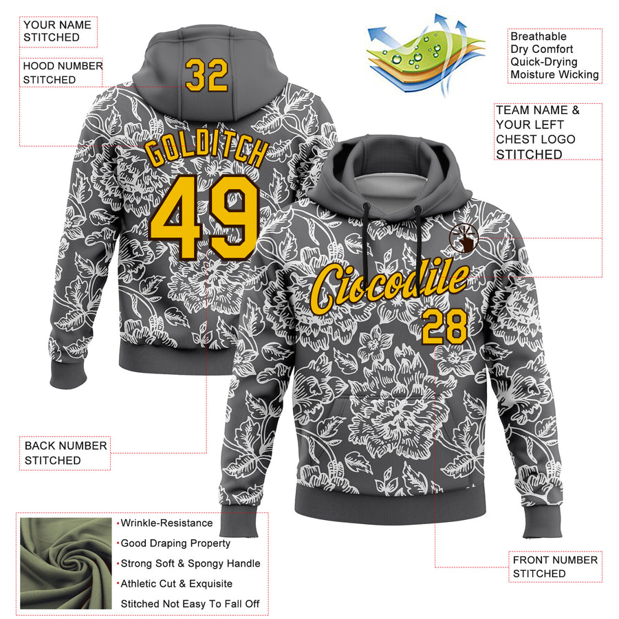 Custom Stitched Steel Gray Yellow-Brown 3D Pattern Design Subtle Floral Sports Pullover Sweatshirt Hoodie
