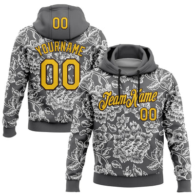 Custom Stitched Steel Gray Yellow-Brown 3D Pattern Design Subtle Floral Sports Pullover Sweatshirt Hoodie