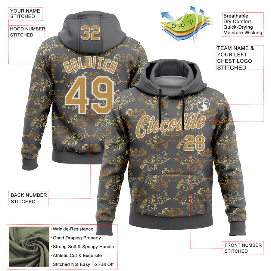 Custom Stitched Steel Gray Old Gold-White 3D Pattern Design Golden Subtle Floral Sports Pullover Sweatshirt Hoodie