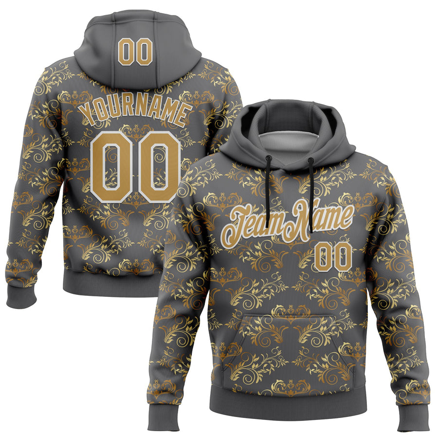 Custom Stitched Steel Gray Old Gold-White 3D Pattern Design Golden Subtle Floral Sports Pullover Sweatshirt Hoodie