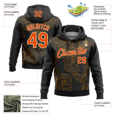 Custom Stitched Black Orange-Cream 3D Pattern Design Golden Subtle Floral Sports Pullover Sweatshirt Hoodie