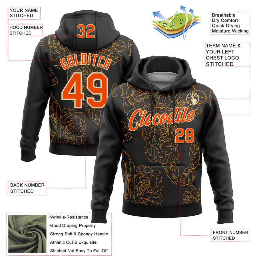 Custom Stitched Black Orange-Cream 3D Pattern Design Golden Subtle Floral Sports Pullover Sweatshirt Hoodie