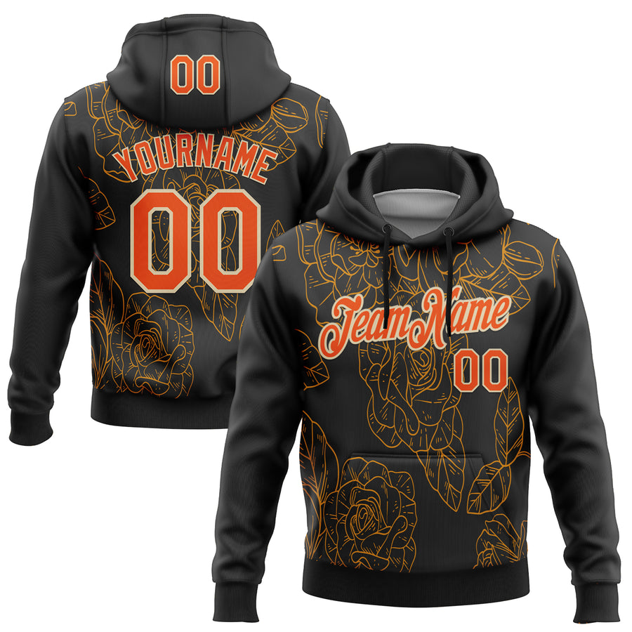Custom Stitched Black Orange-Cream 3D Pattern Design Golden Subtle Floral Sports Pullover Sweatshirt Hoodie