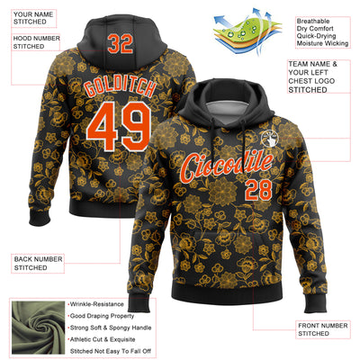 Custom Stitched Black Orange-White 3D Pattern Design Golden Subtle Floral Sports Pullover Sweatshirt Hoodie