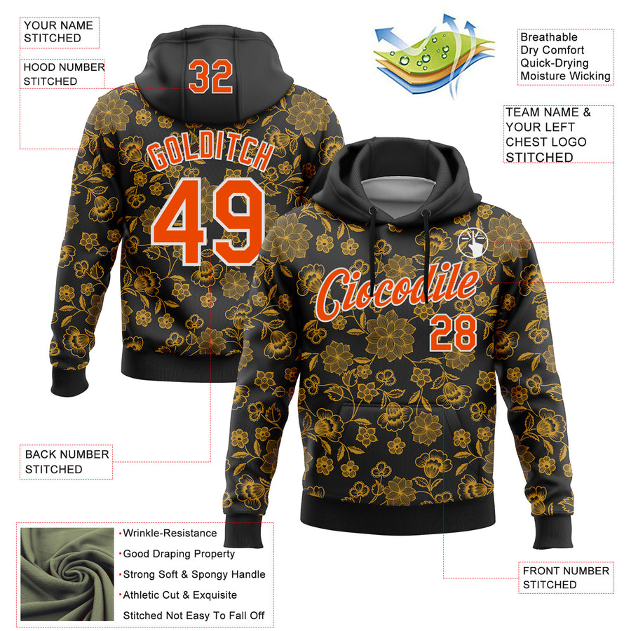 Custom Stitched Black Orange-White 3D Pattern Design Golden Subtle Floral Sports Pullover Sweatshirt Hoodie