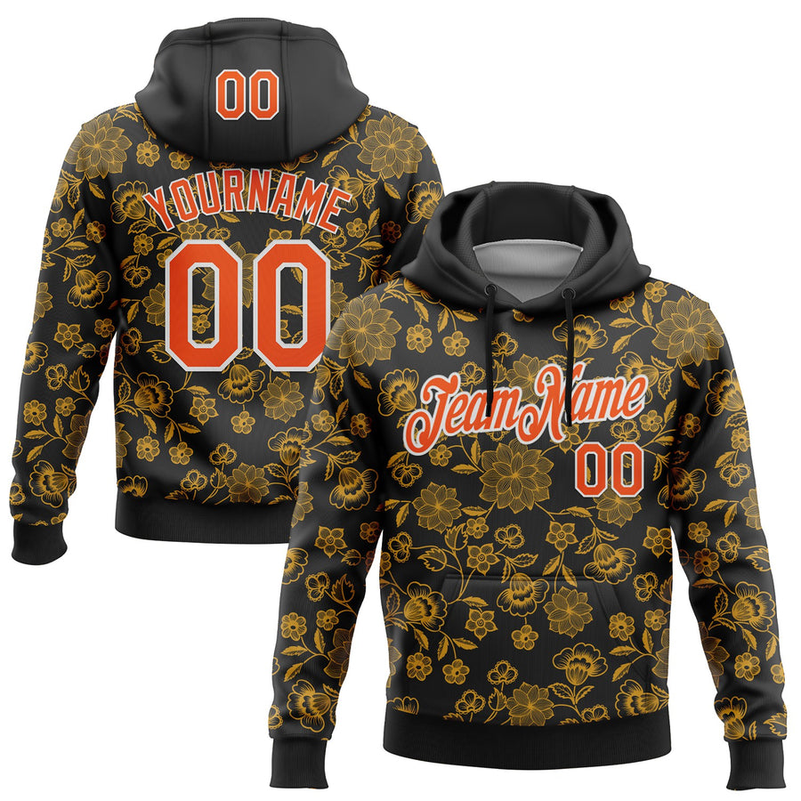 Custom Stitched Black Orange-White 3D Pattern Design Golden Subtle Floral Sports Pullover Sweatshirt Hoodie