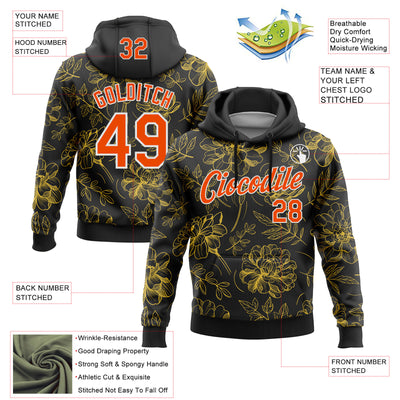 Custom Stitched Black Orange-White 3D Pattern Design Golden Subtle Floral Sports Pullover Sweatshirt Hoodie