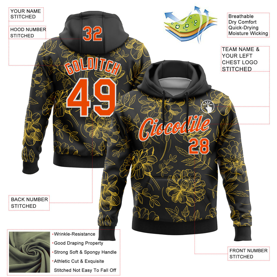 Custom Stitched Black Orange-White 3D Pattern Design Golden Subtle Floral Sports Pullover Sweatshirt Hoodie