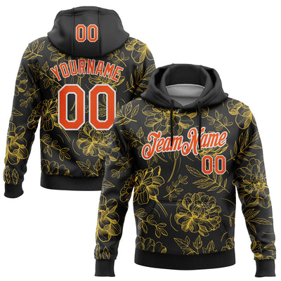 Custom Stitched Black Orange-White 3D Pattern Design Golden Subtle Floral Sports Pullover Sweatshirt Hoodie