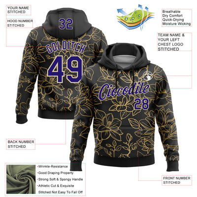 Custom Stitched Black Dark Purple-Cream 3D Pattern Design Golden Subtle Floral Sports Pullover Sweatshirt Hoodie