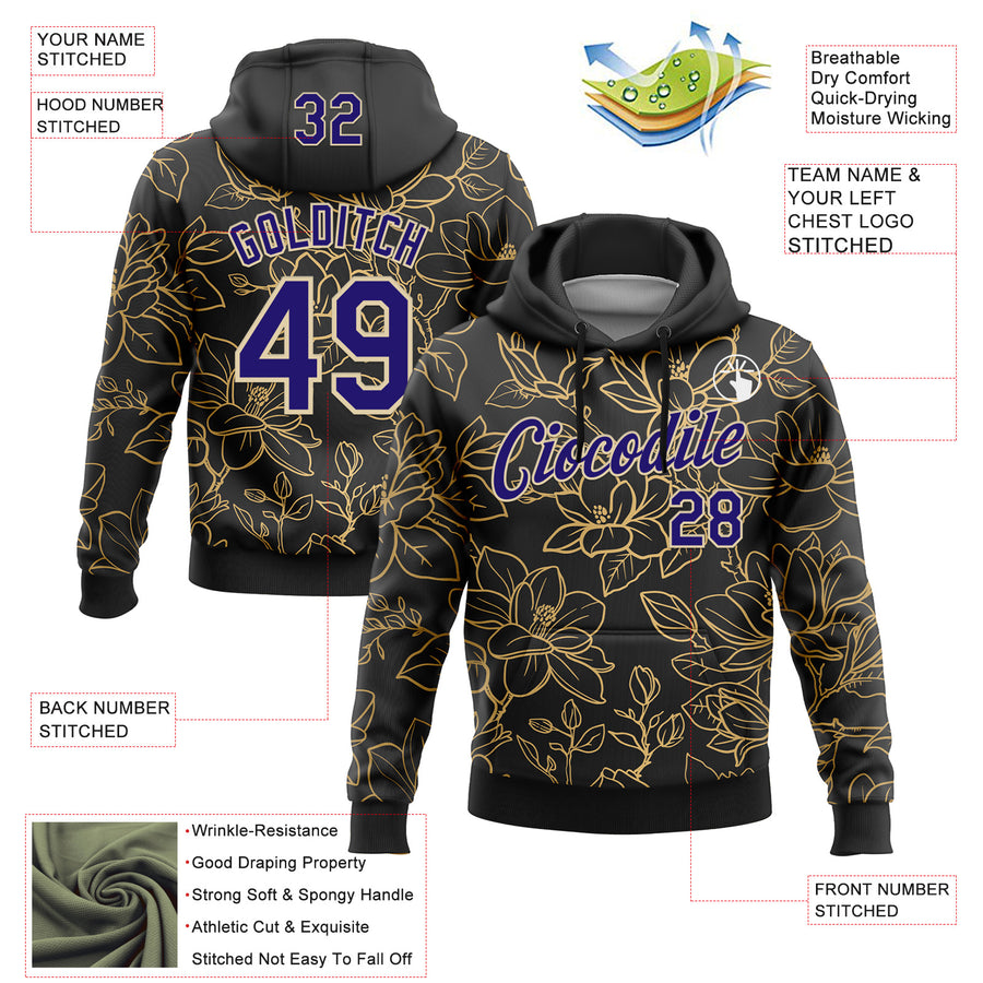 Custom Stitched Black Dark Purple-Cream 3D Pattern Design Golden Subtle Floral Sports Pullover Sweatshirt Hoodie