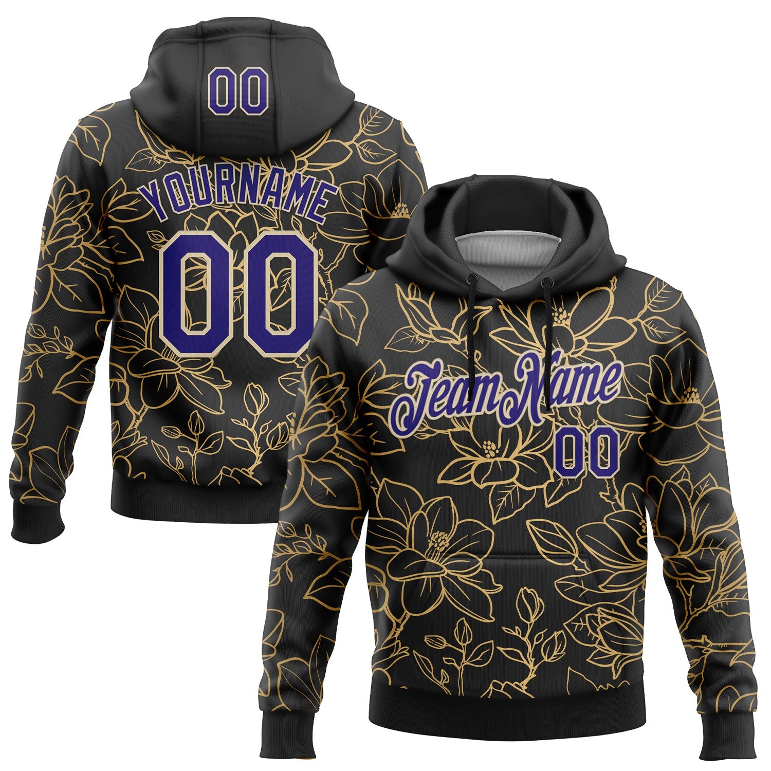 Custom Stitched Black Dark Purple-Cream 3D Pattern Design Golden Subtle Floral Sports Pullover Sweatshirt Hoodie