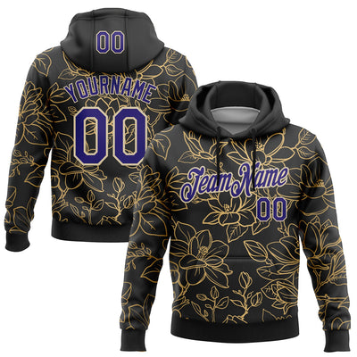Custom Stitched Black Dark Purple-Cream 3D Pattern Design Golden Subtle Floral Sports Pullover Sweatshirt Hoodie