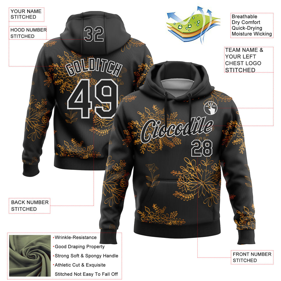 Custom Stitched Black White 3D Pattern Design Golden Subtle Floral Sports Pullover Sweatshirt Hoodie