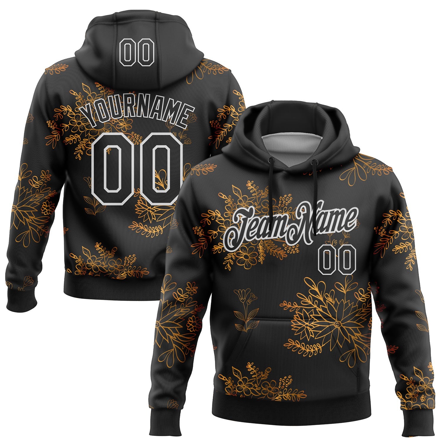 Custom Stitched Black White 3D Pattern Design Golden Subtle Floral Sports Pullover Sweatshirt Hoodie