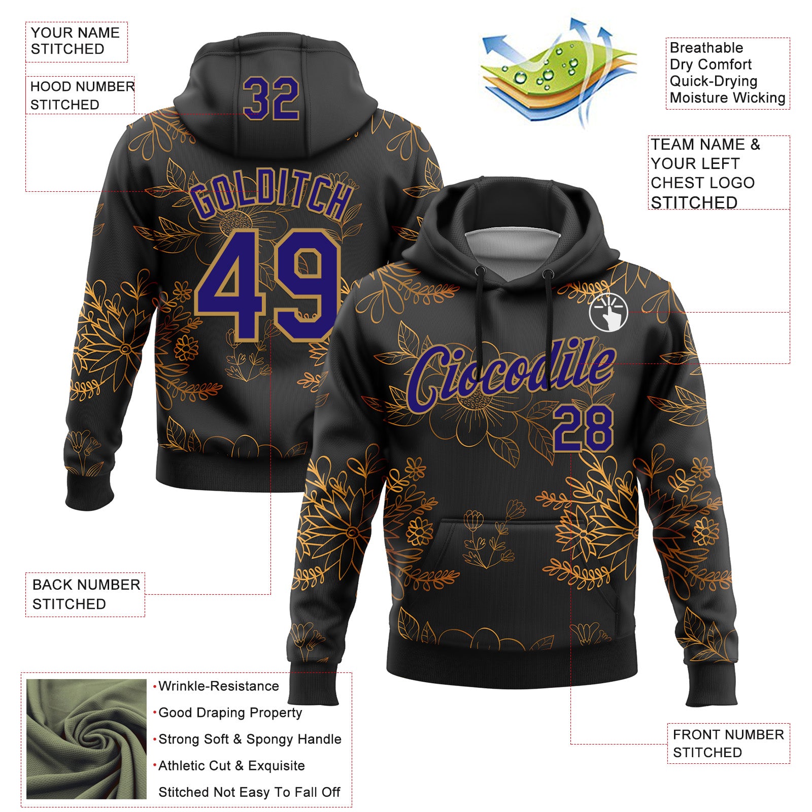 Custom Stitched Black Dark Purple-Old Gold 3D Pattern Design Golden Subtle Floral Sports Pullover Sweatshirt Hoodie