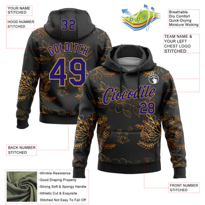 Custom Stitched Black Dark Purple-Old Gold 3D Pattern Design Golden Subtle Floral Sports Pullover Sweatshirt Hoodie