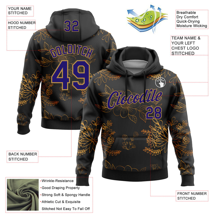 Custom Stitched Black Dark Purple-Old Gold 3D Pattern Design Golden Subtle Floral Sports Pullover Sweatshirt Hoodie