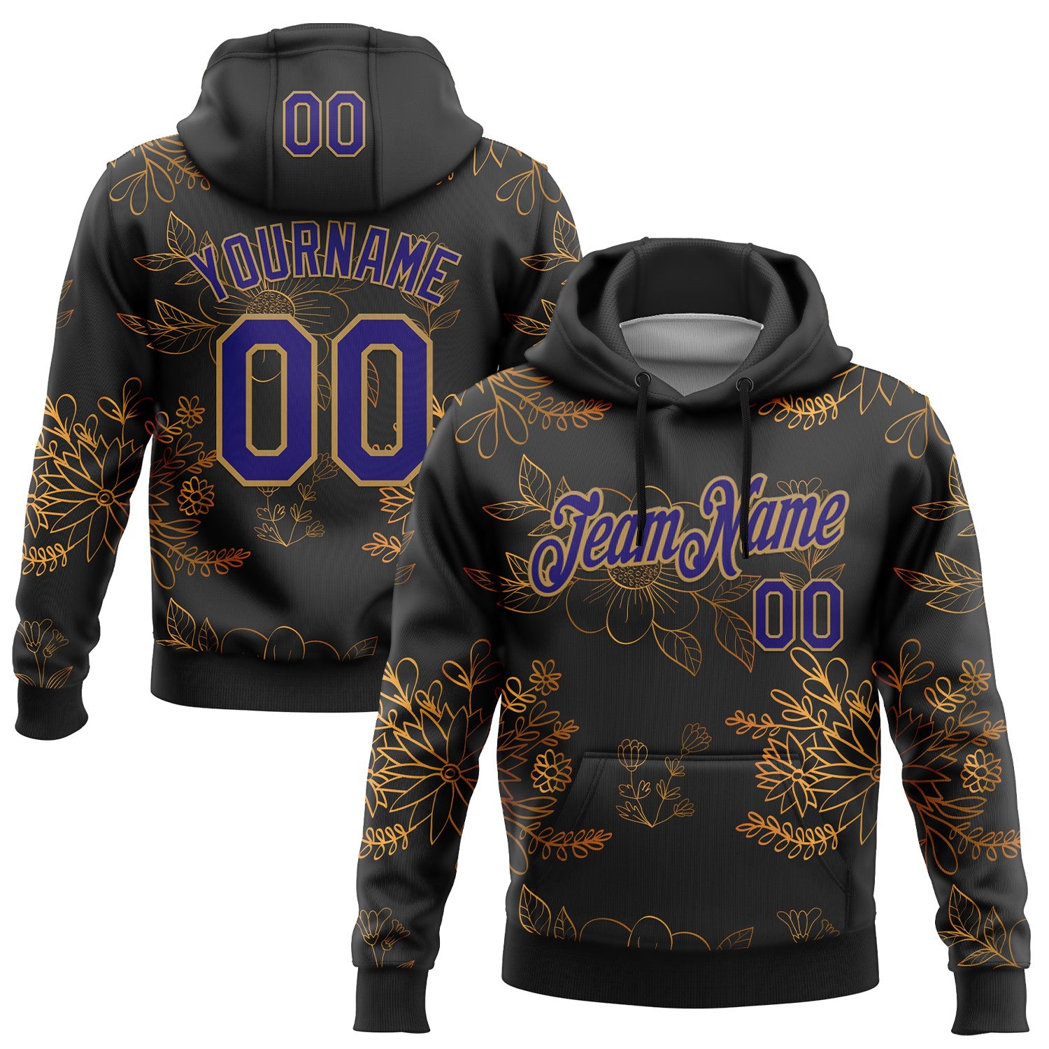Custom Stitched Black Dark Purple-Old Gold 3D Pattern Design Golden Subtle Floral Sports Pullover Sweatshirt Hoodie