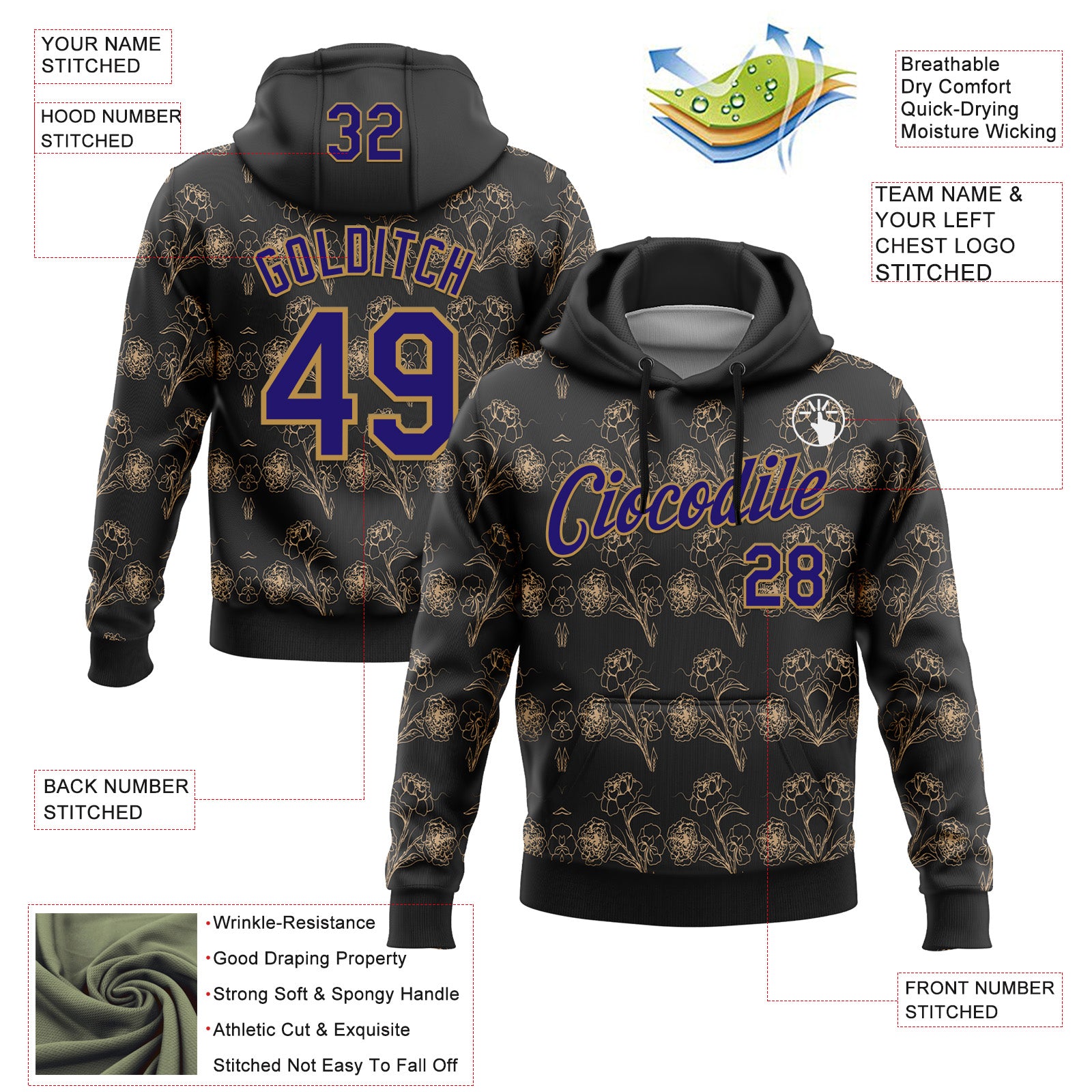 Custom Stitched Black Dark Purple-Old Gold 3D Pattern Design Golden Subtle Floral Sports Pullover Sweatshirt Hoodie