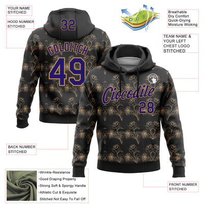 Custom Stitched Black Dark Purple-Old Gold 3D Pattern Design Golden Subtle Floral Sports Pullover Sweatshirt Hoodie