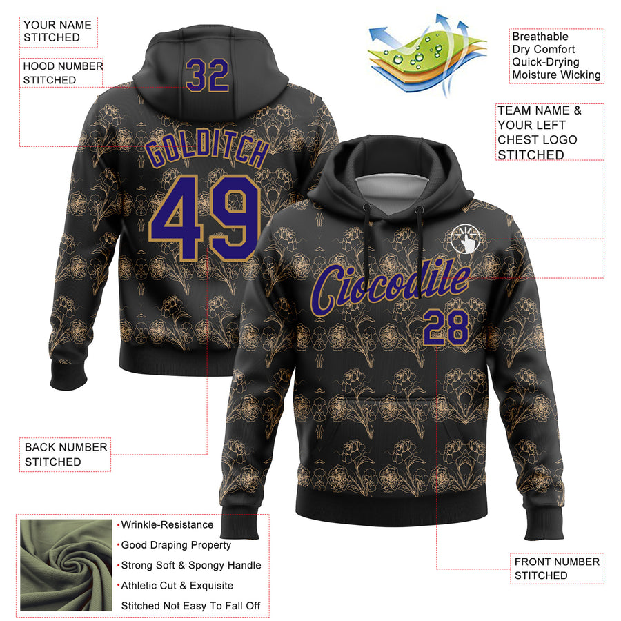 Custom Stitched Black Dark Purple-Old Gold 3D Pattern Design Golden Subtle Floral Sports Pullover Sweatshirt Hoodie