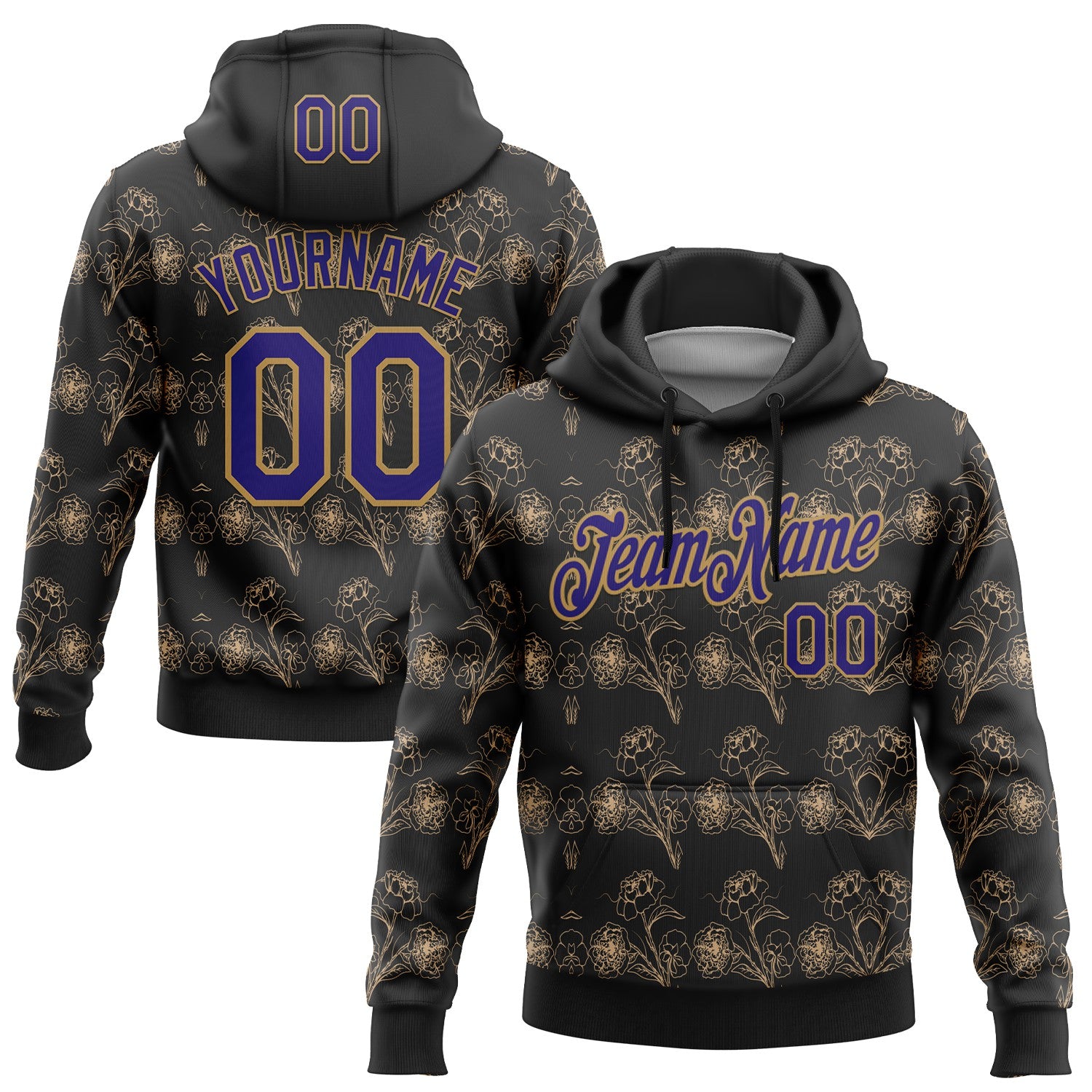 Custom Stitched Black Dark Purple-Old Gold 3D Pattern Design Golden Subtle Floral Sports Pullover Sweatshirt Hoodie