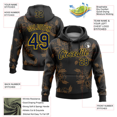 Custom Stitched Black Navy-Yellow 3D Pattern Design Golden Subtle Floral Sports Pullover Sweatshirt Hoodie