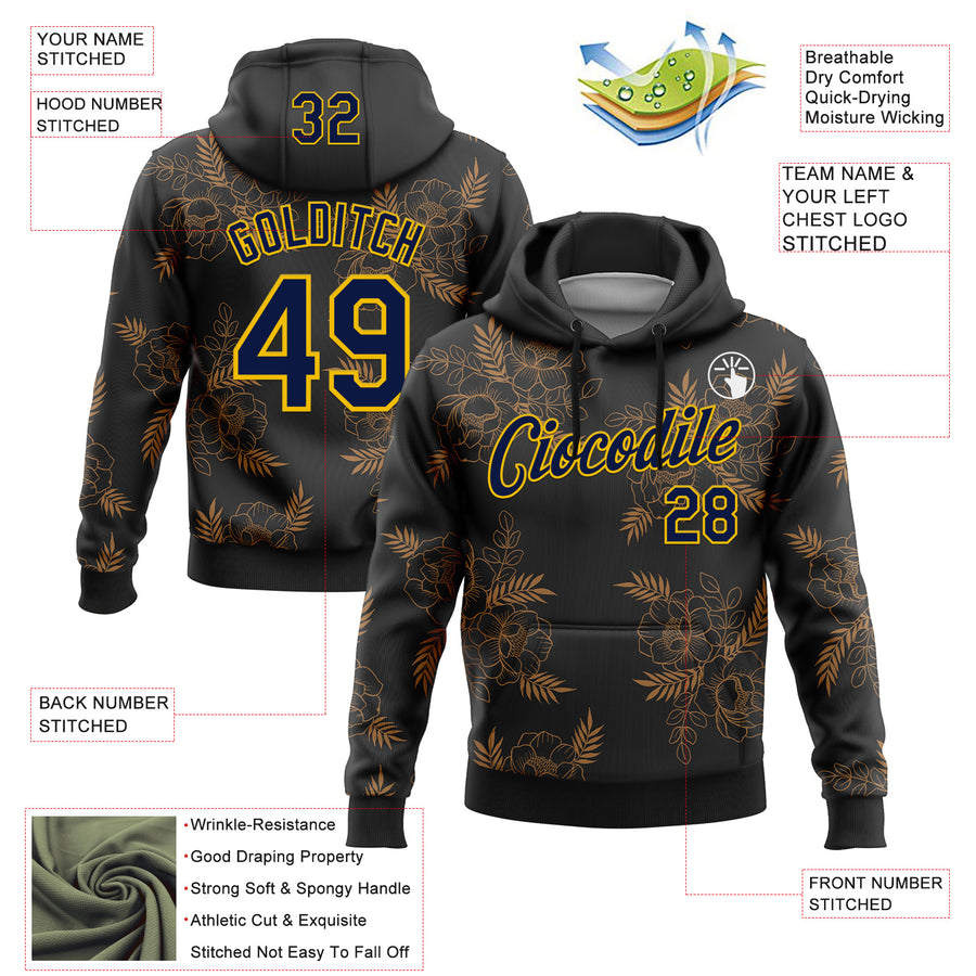 Custom Stitched Black Navy-Yellow 3D Pattern Design Golden Subtle Floral Sports Pullover Sweatshirt Hoodie