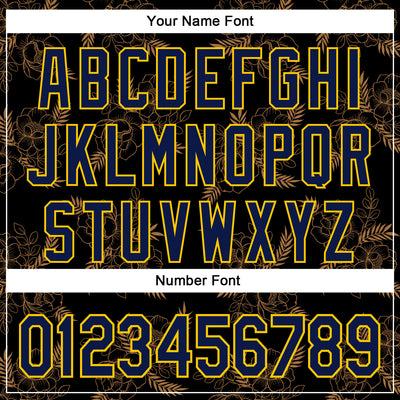 Custom Stitched Black Navy-Yellow 3D Pattern Design Golden Subtle Floral Sports Pullover Sweatshirt Hoodie