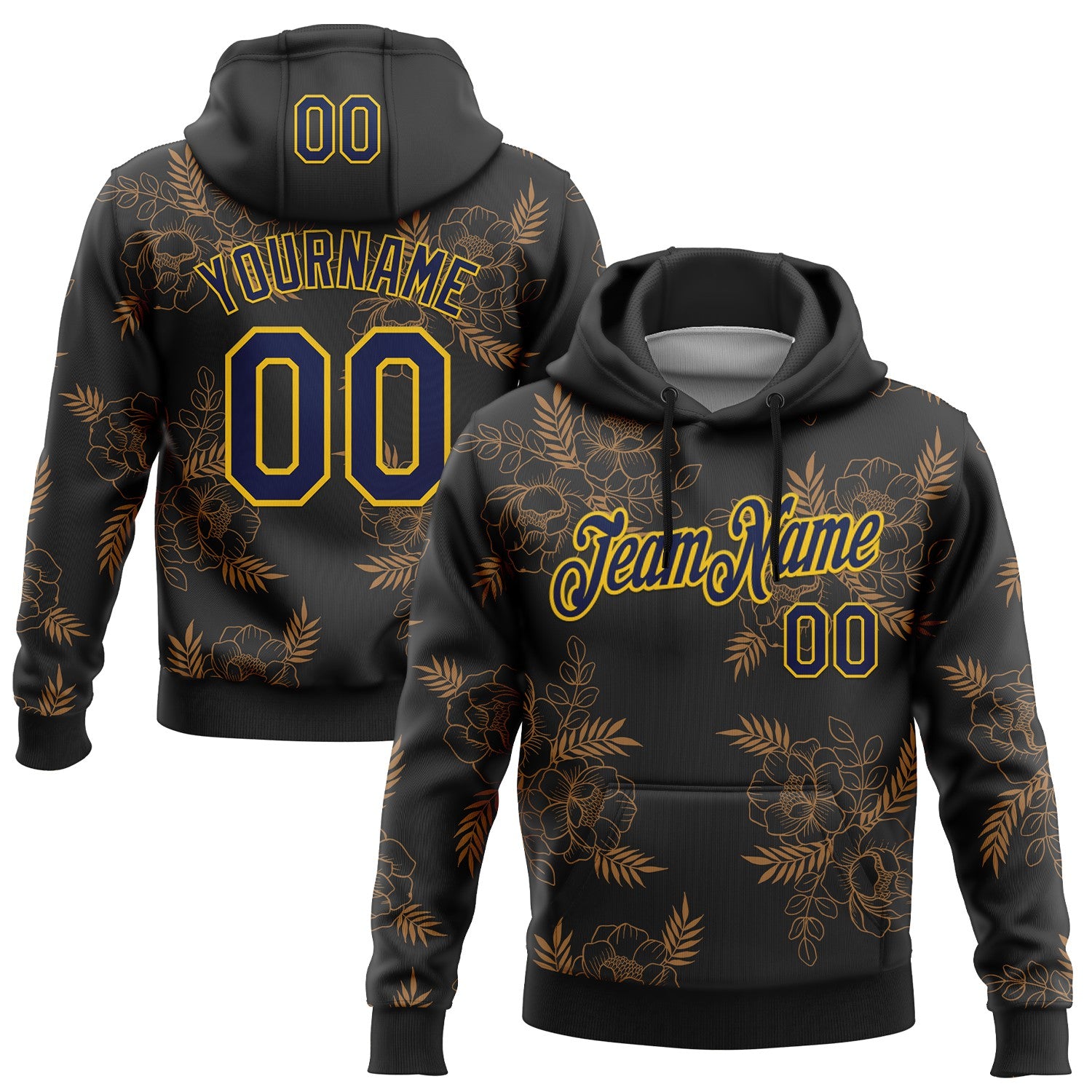 Custom Stitched Black Navy-Yellow 3D Pattern Design Golden Subtle Floral Sports Pullover Sweatshirt Hoodie