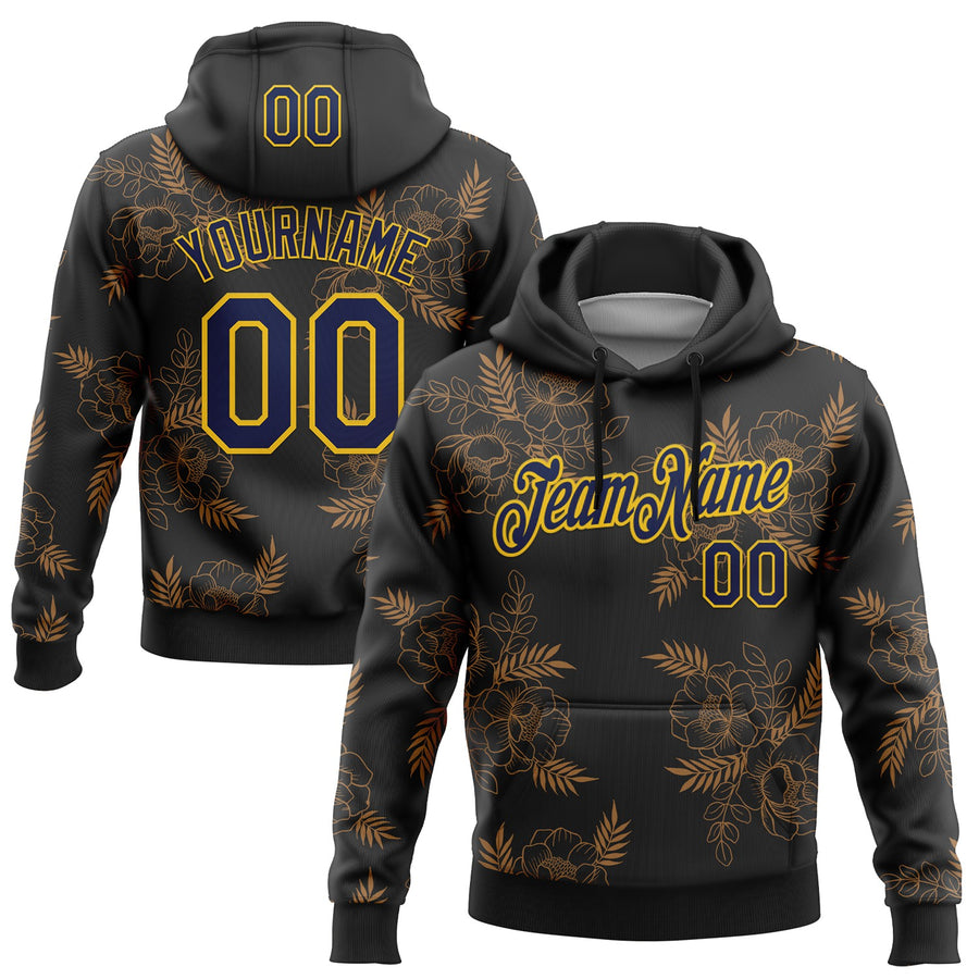 Custom Stitched Black Navy-Yellow 3D Pattern Design Golden Subtle Floral Sports Pullover Sweatshirt Hoodie