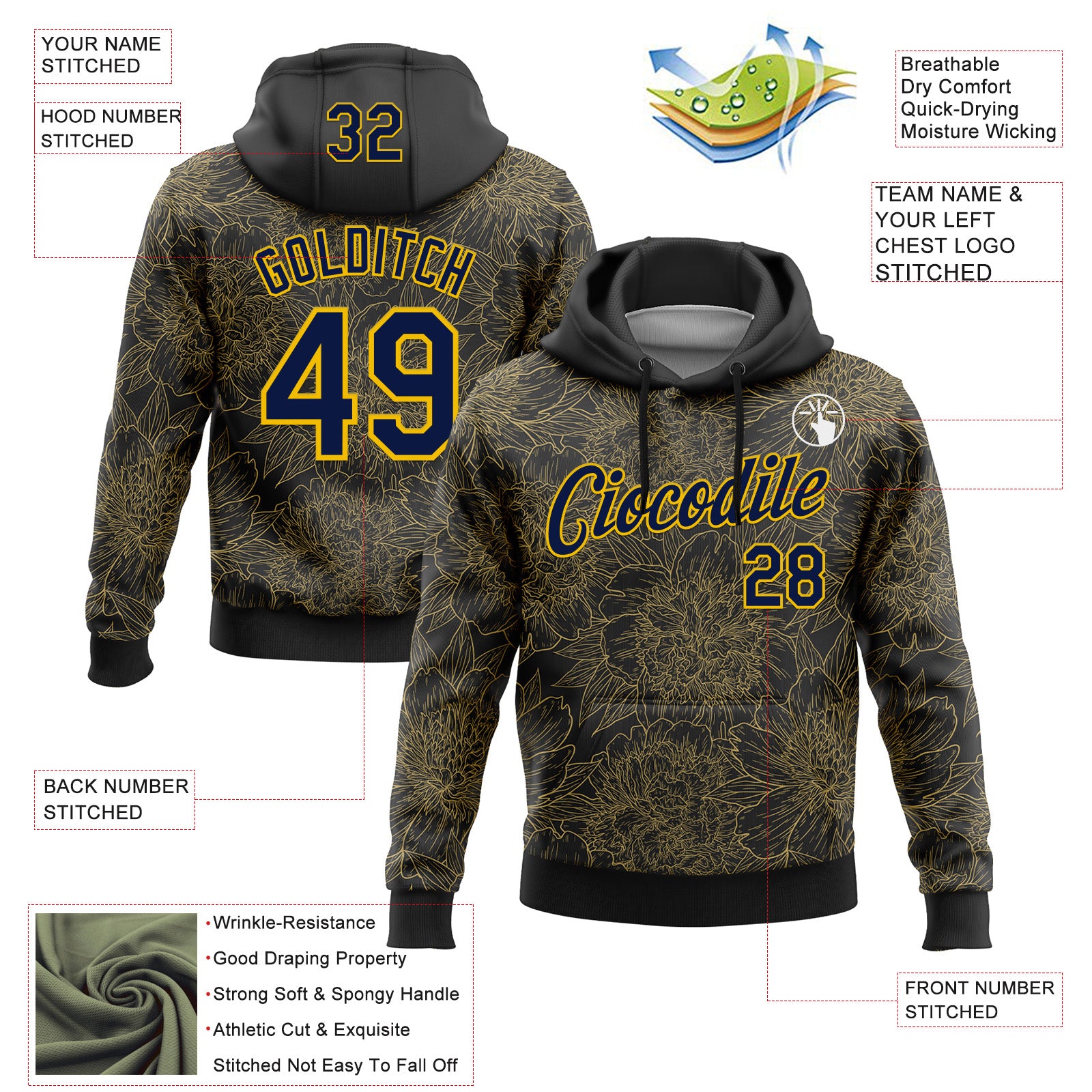 Custom Stitched Black Navy-Yellow 3D Pattern Design Golden Subtle Floral Sports Pullover Sweatshirt Hoodie