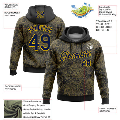 Custom Stitched Black Navy-Yellow 3D Pattern Design Golden Subtle Floral Sports Pullover Sweatshirt Hoodie