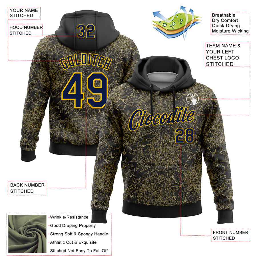Custom Stitched Black Navy-Yellow 3D Pattern Design Golden Subtle Floral Sports Pullover Sweatshirt Hoodie